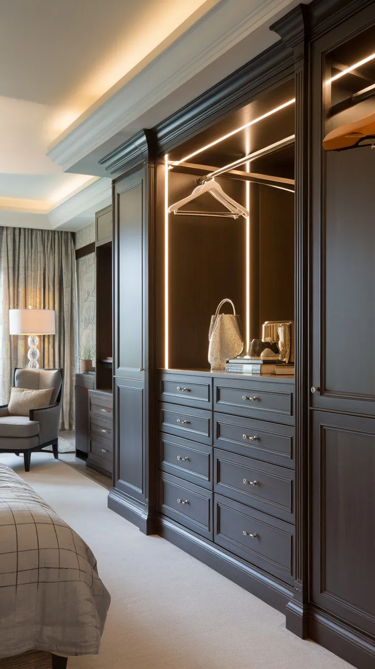 Luxurious closet with dark wood finishes and glowing lights