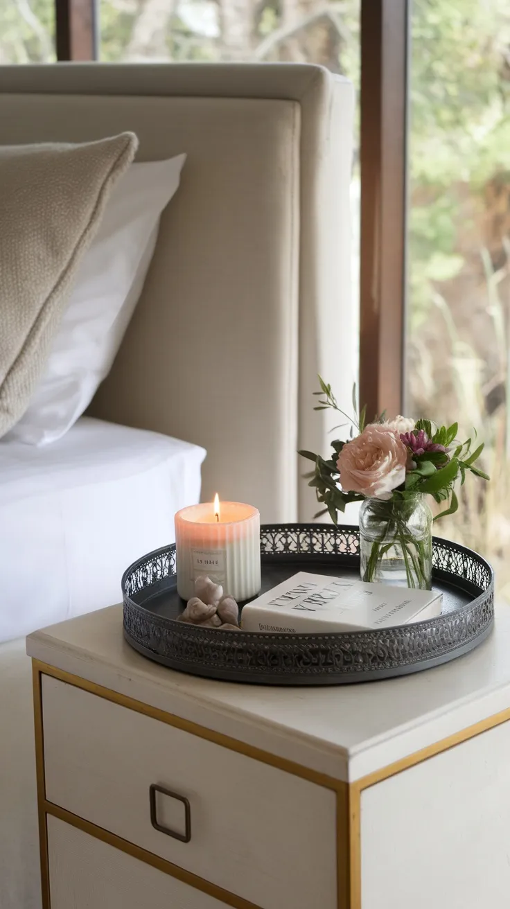A decorative tray on a nightstand with a candle, flowers, and books.