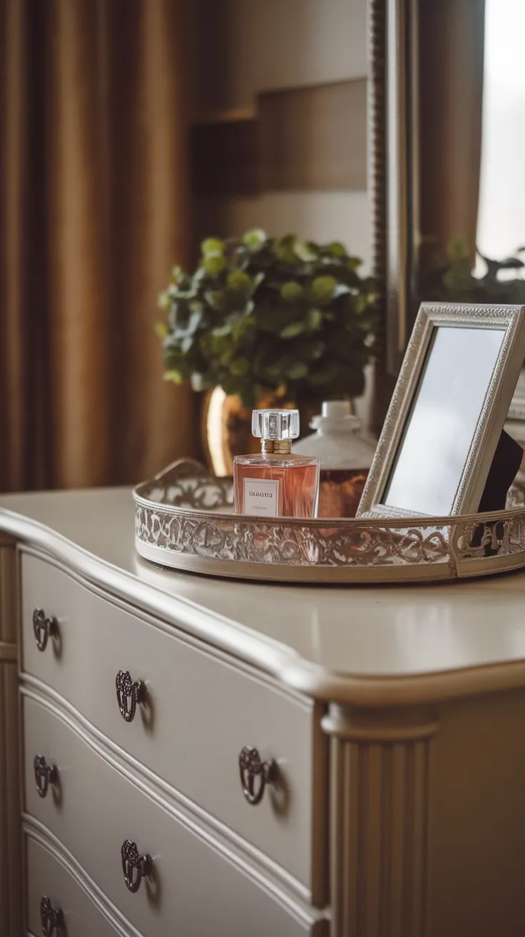 A decorative tray on a dresser holding a bottle of perfume, a plant, and a picture frame