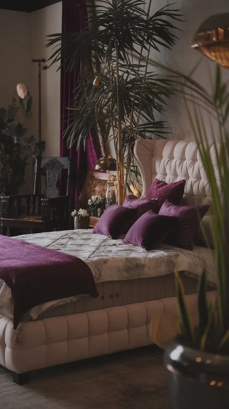A cozy bedroom with a bed adorned with deep purple throw pillows, light bedding, and vibrant green plants.