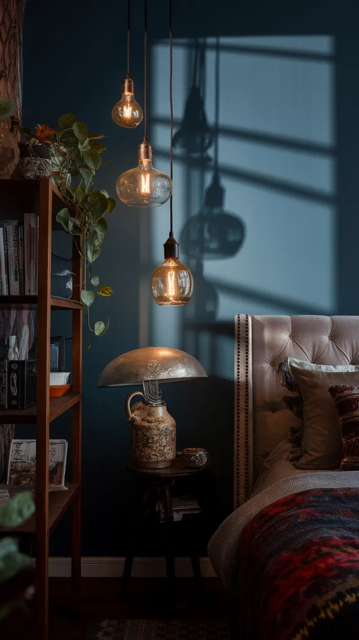 A cozy bedroom with vintage lamps and hanging pendants casting warm light and shadows on a dark blue wall.