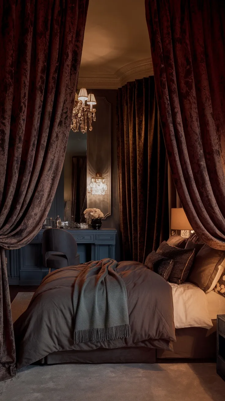 Moody bedroom with floor-to-ceiling heavy curtains and a cozy bed.