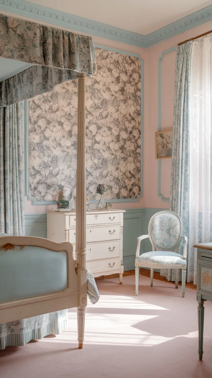 A cozy French bedroom featuring floral wallpaper and pastel-colored decor.