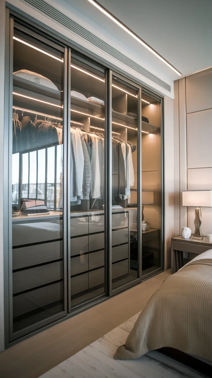 A modern bedroom featuring a glass closet door showcasing neatly hung clothes and soft lighting.