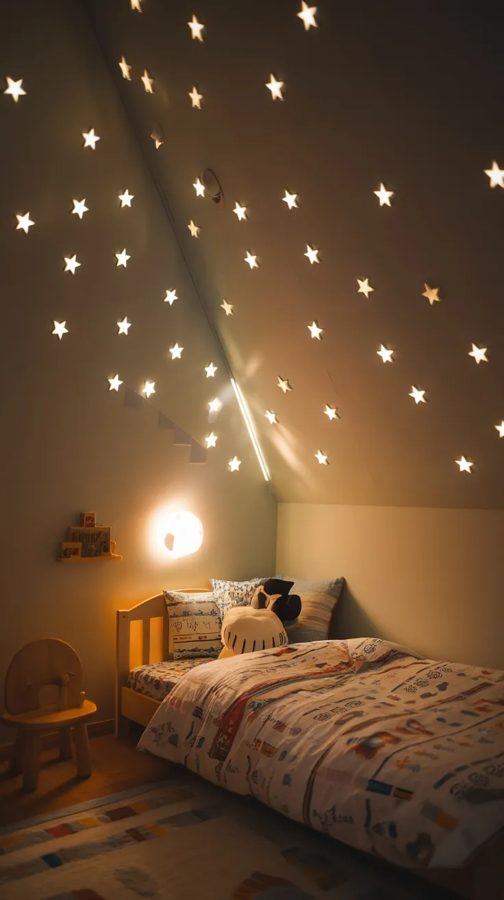 A cozy toddler bedroom with glow-in-the-dark stars on the ceiling and a warm nightlight.