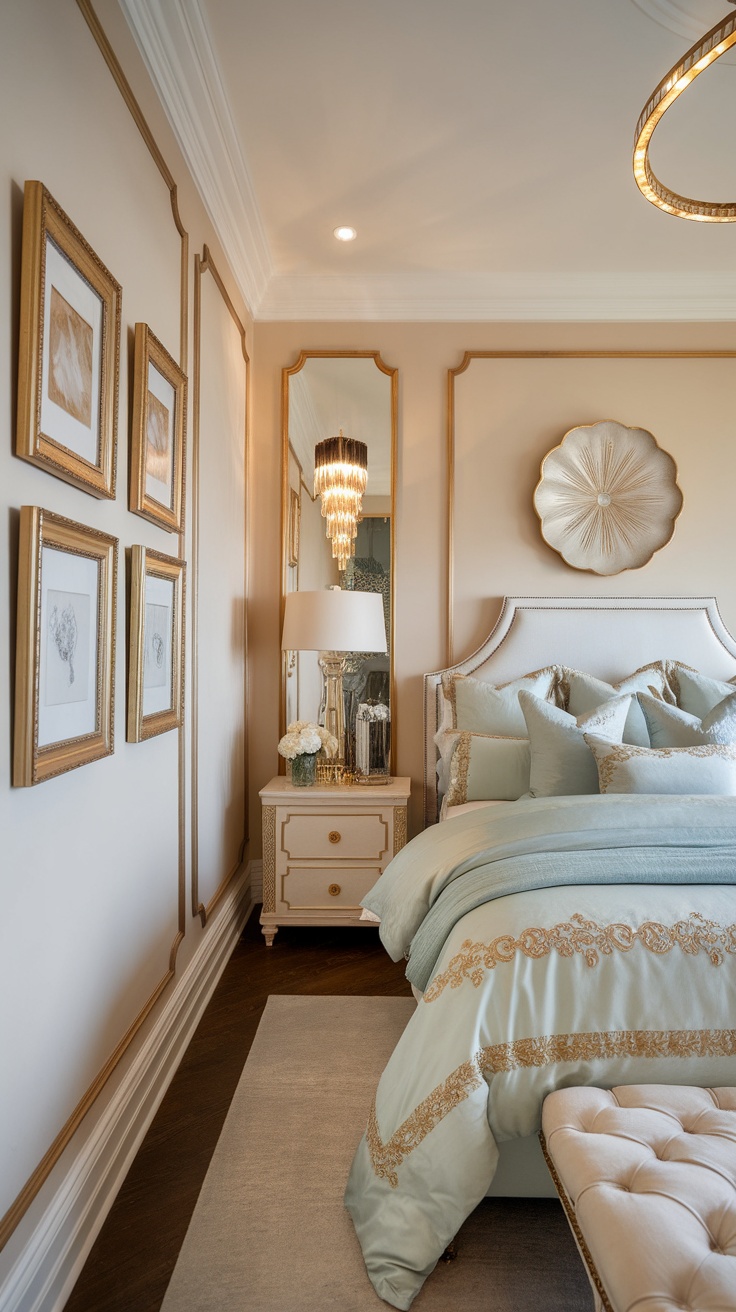 Elegant bedroom with gold accents, soft blue bedding, and decorative pillows.