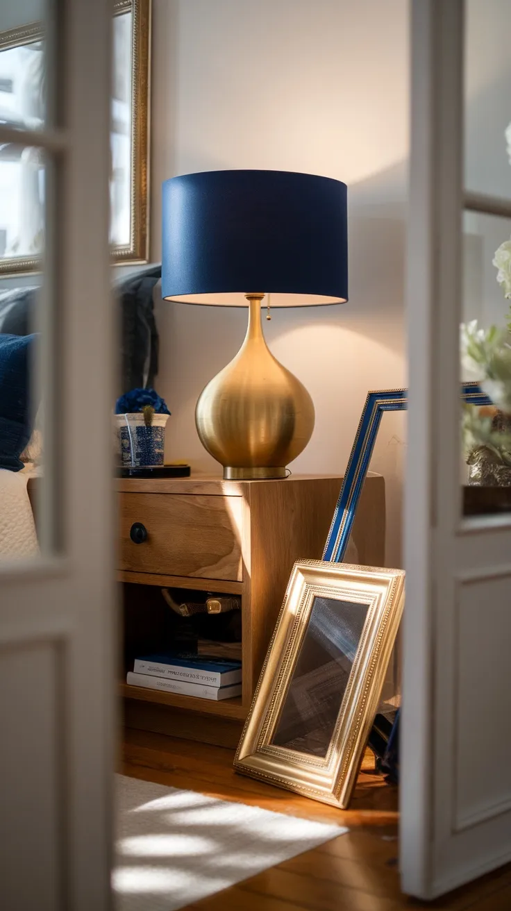 A gold lamp with a navy shade on a wooden nightstand in a bedroom setting.