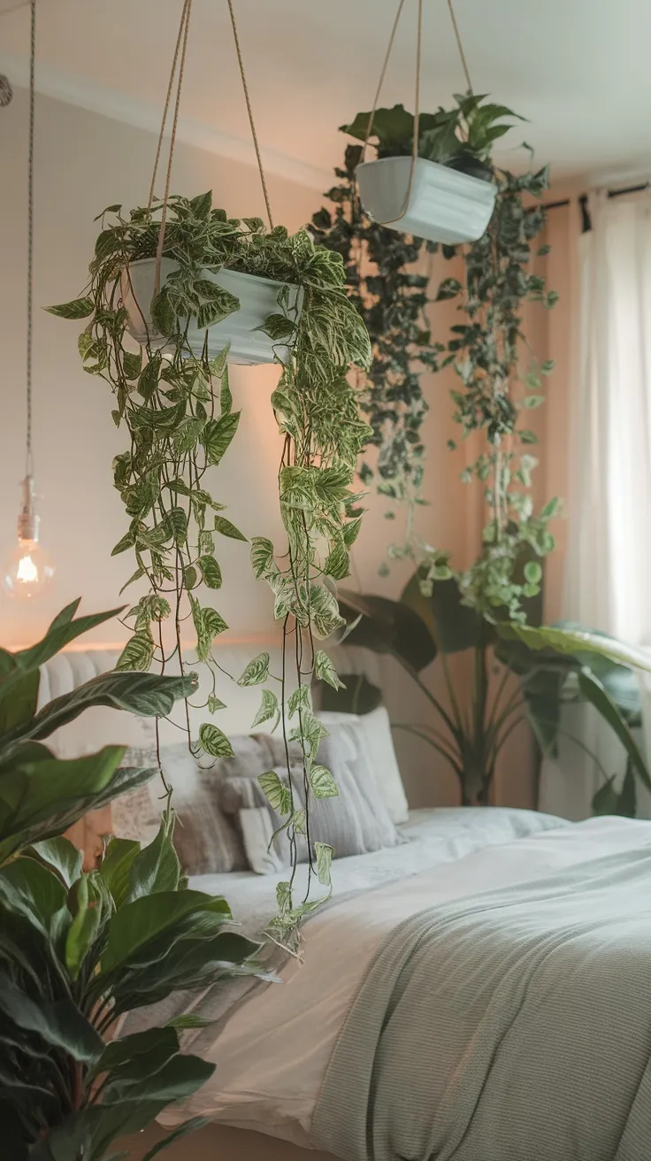 A cozy bedroom with hanging planters filled with green plants, creating a warm and inviting atmosphere.