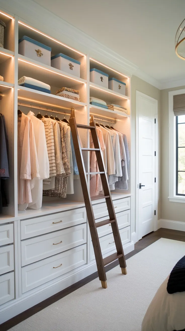 A stylish closet with high shelving, a ladder, and neatly organized clothing and storage boxes.