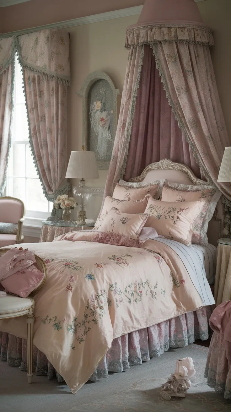 A vintage princess aesthetic bedroom with embroidered bedding and a canopy.
