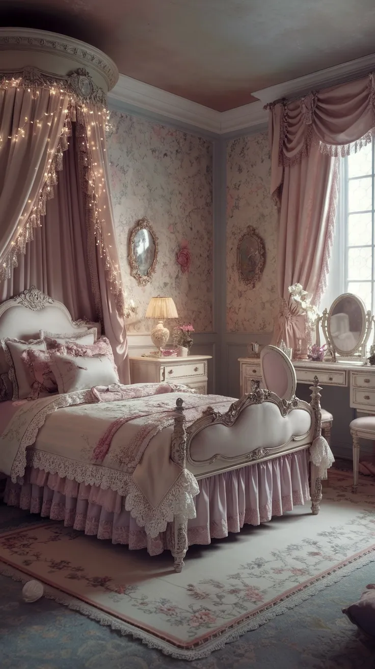 A vintage princess bedroom with lace and ruffled bedding, soft colors, and elegant decor.