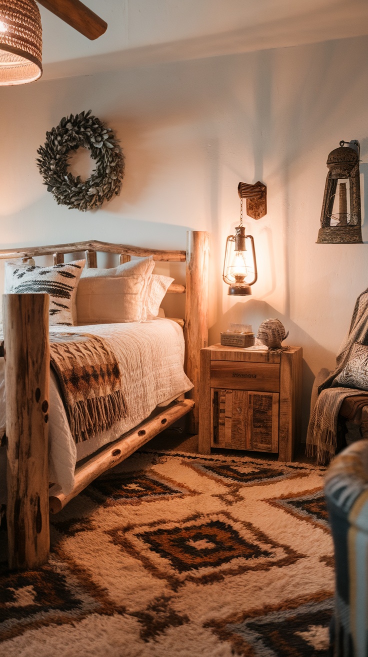 A cozy bedroom featuring a wooden bed, a lantern-style light, and a warm rug.