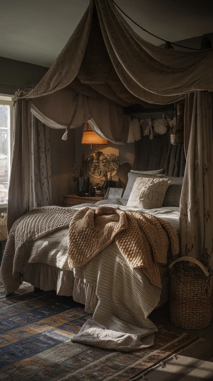 Cozy bedroom with layered knitted throws and quilts, featuring warm colors and inviting textures.