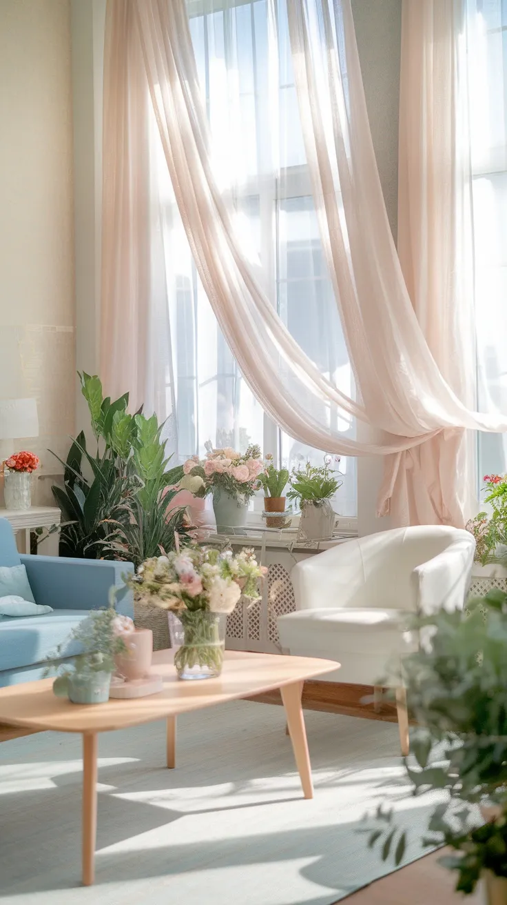 A bright living room with light sheer curtains, plants, and cozy seating