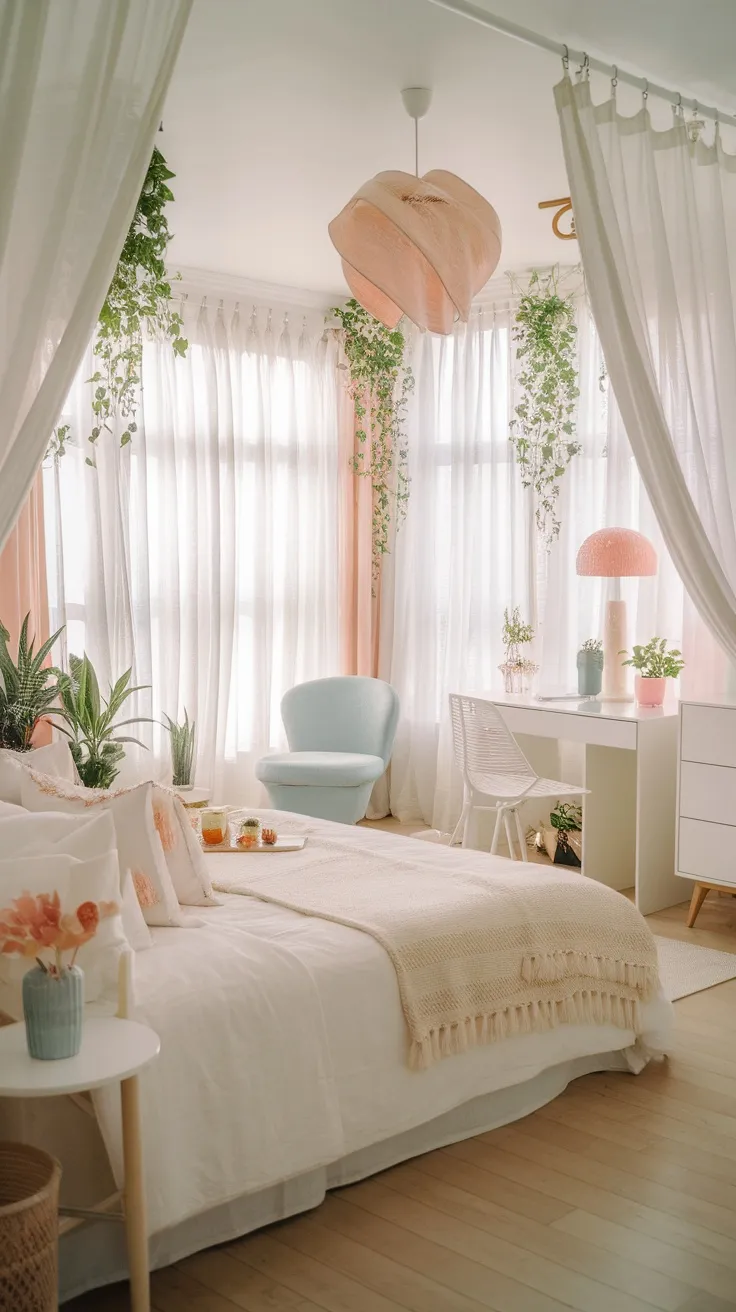 A bright bedroom with light white bedding, colorful decor, and plants, creating a fresh summer atmosphere.