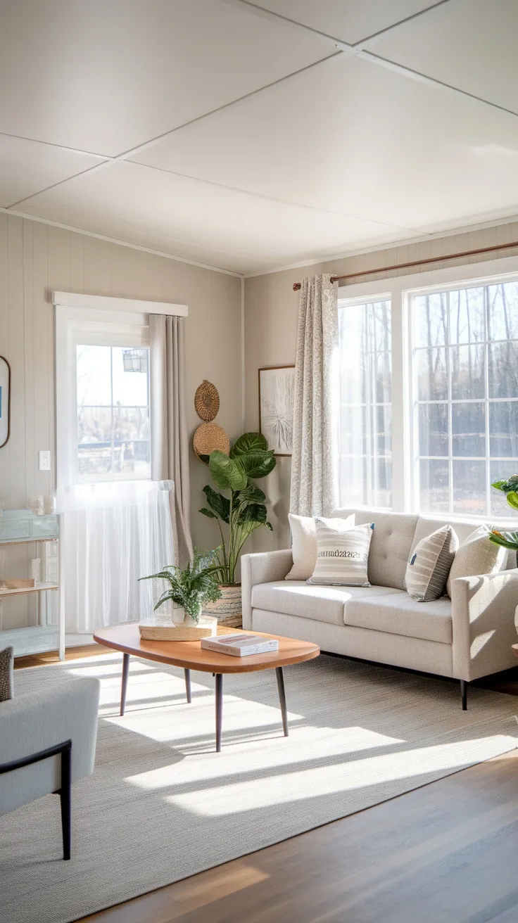 A cozy living room in a singlewide mobile home with light and neutral colors, featuring a beige sofa, wooden coffee table, and plants.