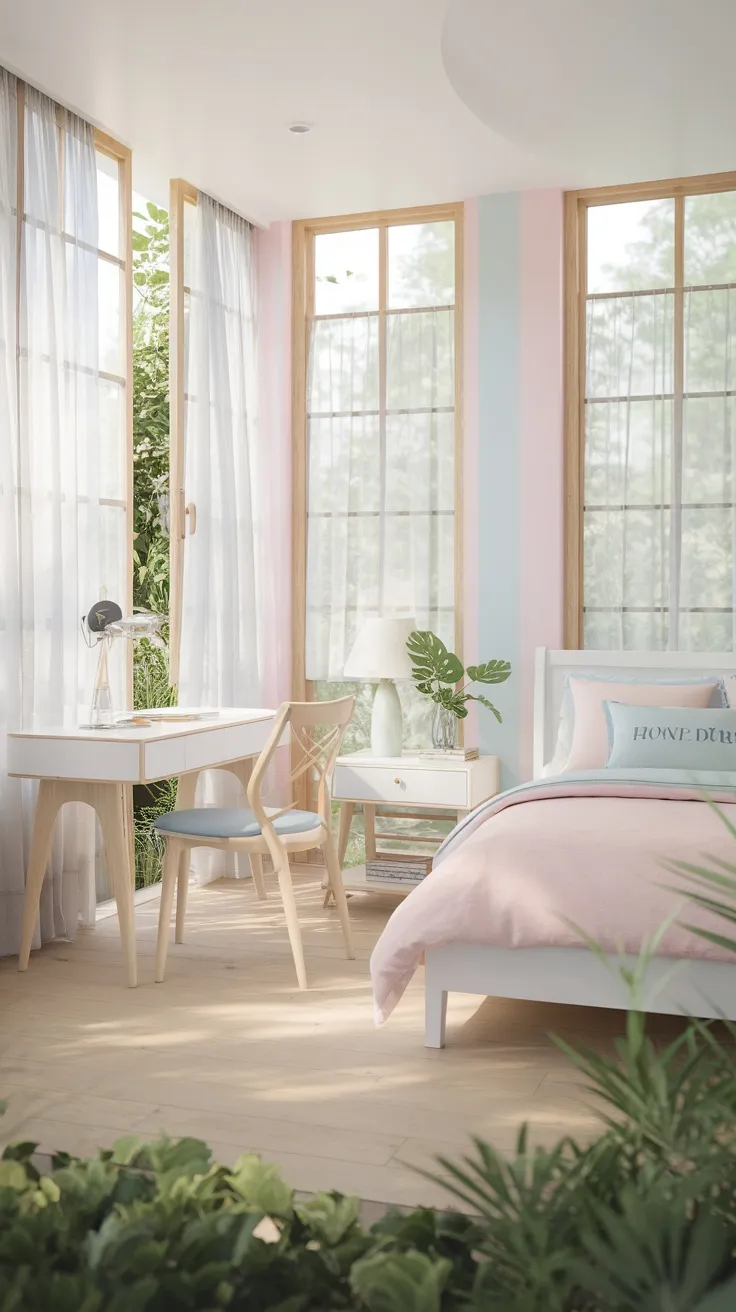 A bright bedroom with light wood furniture, large windows, and pastel colors