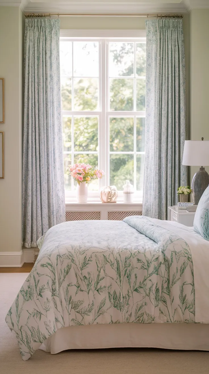 A bright bedroom featuring a lightweight quilt with a leafy design on the bed, matching curtains, and flowers on the windowsill.