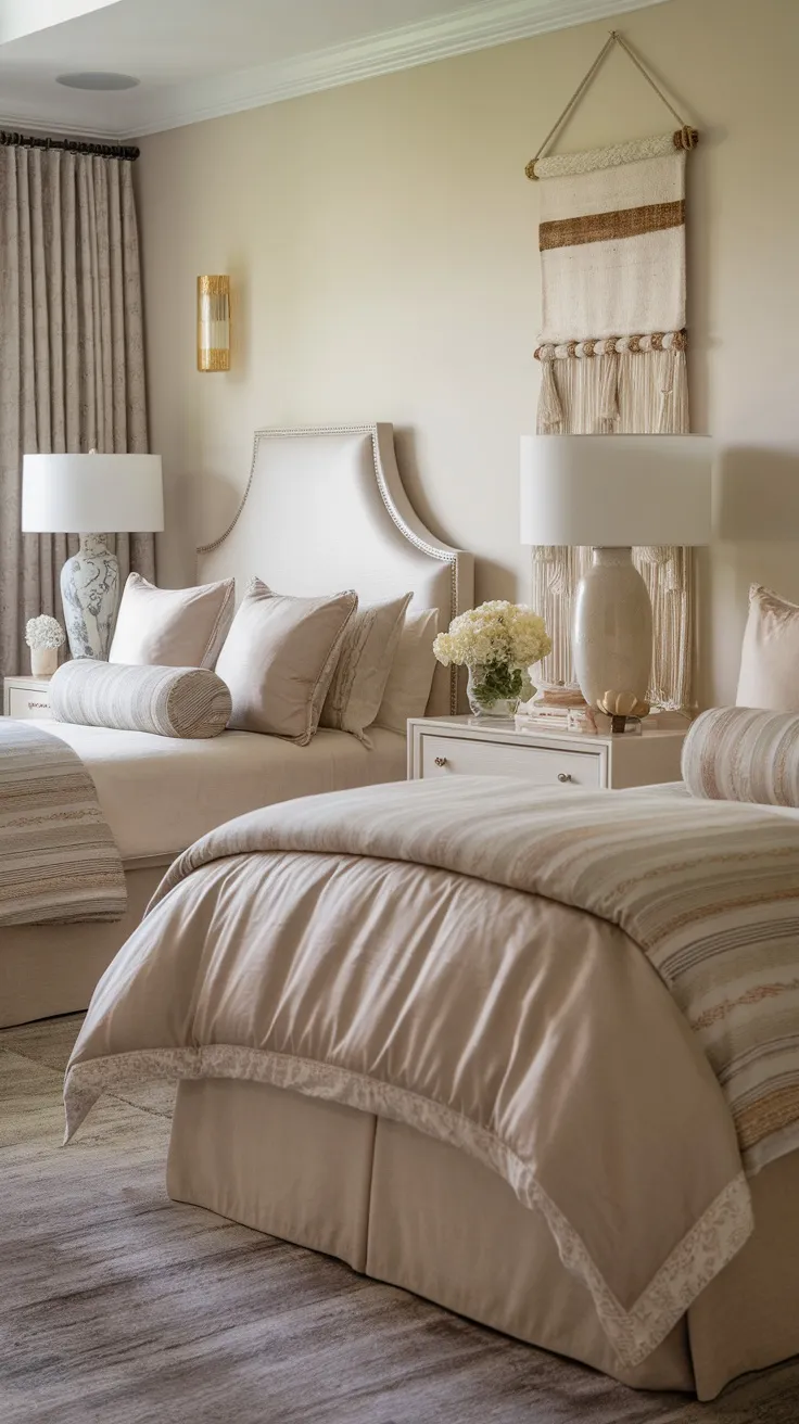 A beautifully coordinated bedroom with two beds featuring matching bedding and headboards in soft neutral tones.