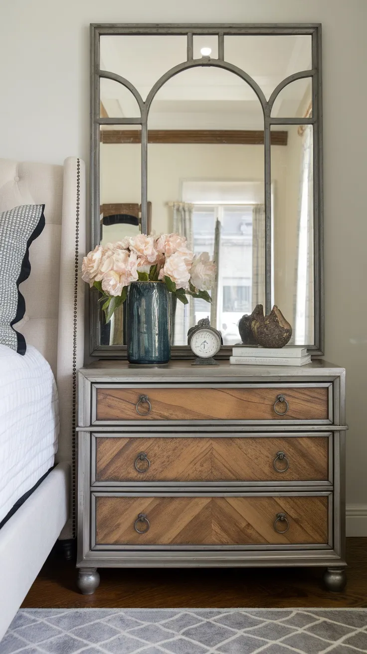 A stylish nightstand with a wooden finish, topped with flowers, a clock, and a mirror behind it.