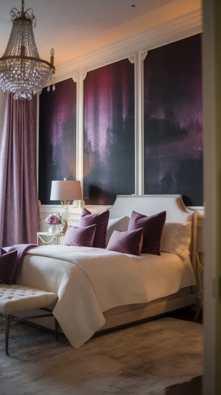 A cozy bedroom with deep purple artwork on the walls, soft bedding, and elegant lighting.