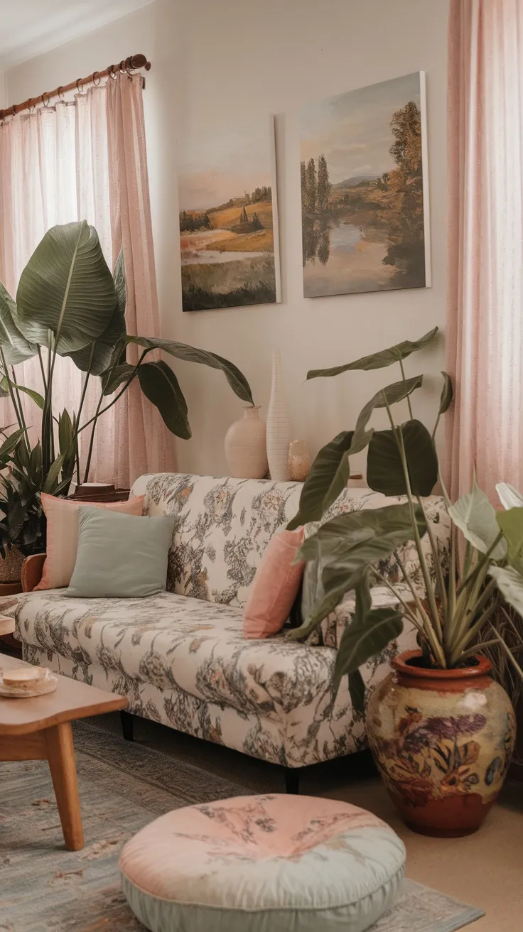 A cozy living room with nature-inspired artwork, featuring a floral-patterned sofa, plush pillows, and green plants.