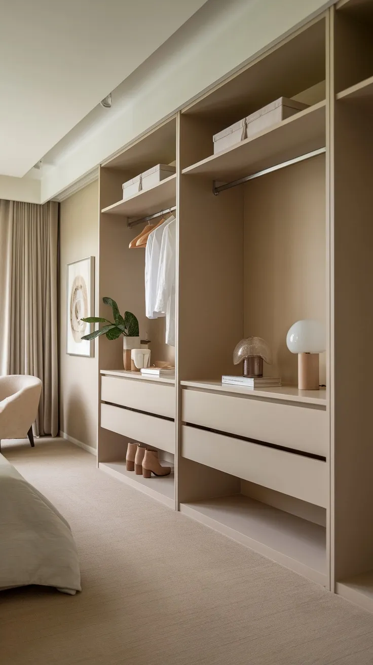 A sleek built-in closet featuring neutral tones, organized shelves, and decorative items.
