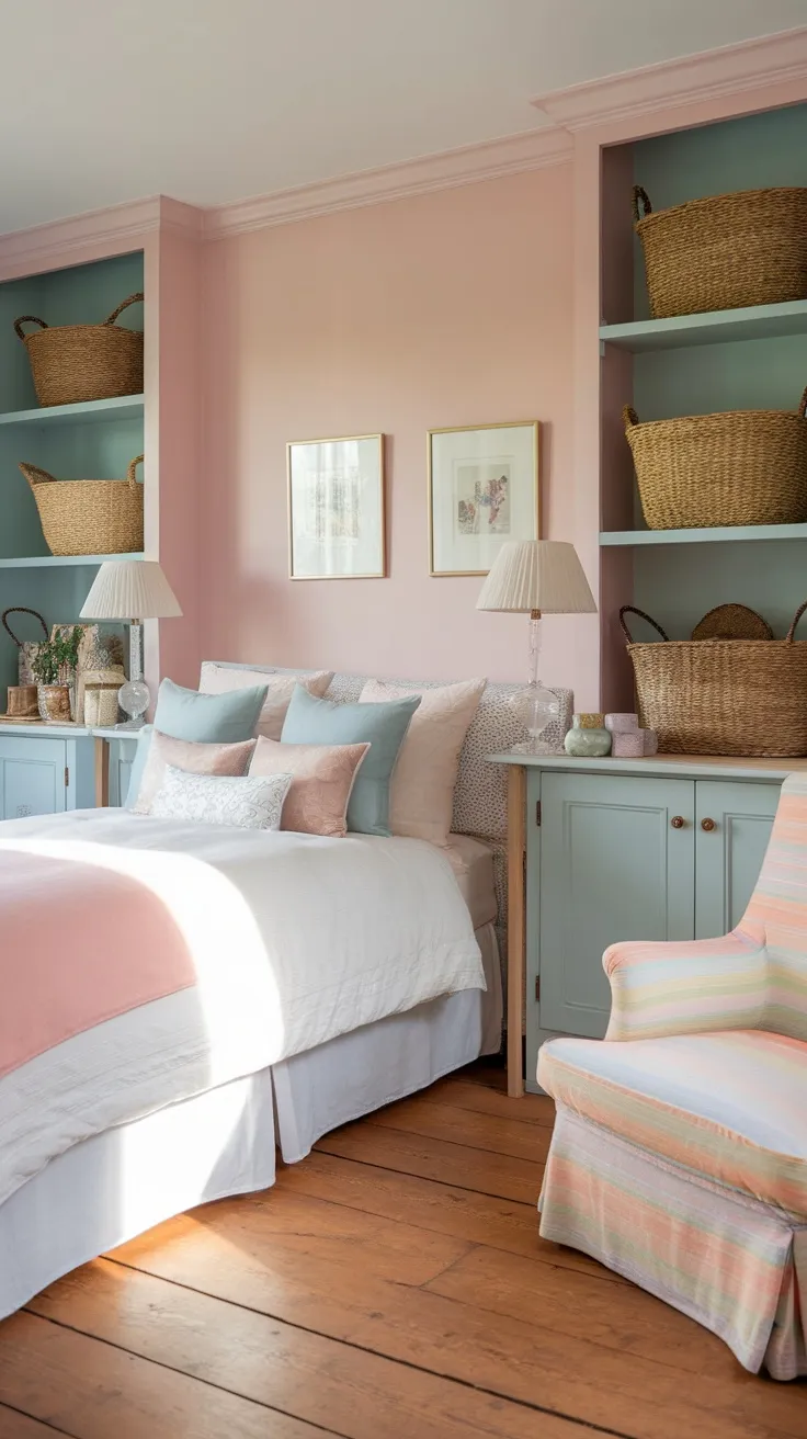A cozy English cottage bedroom with open shelving and woven baskets