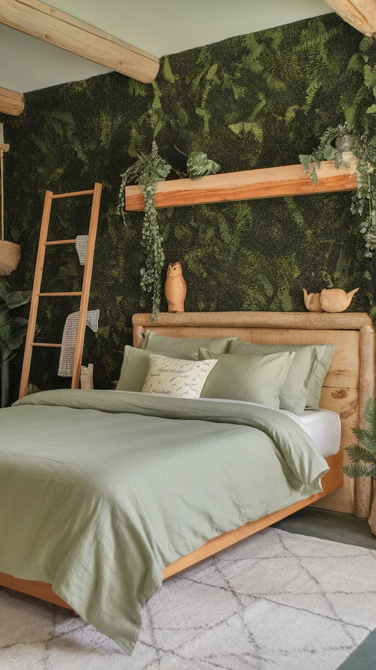 A cozy bedroom featuring organic cotton bedding in green, with a natural-themed decor.