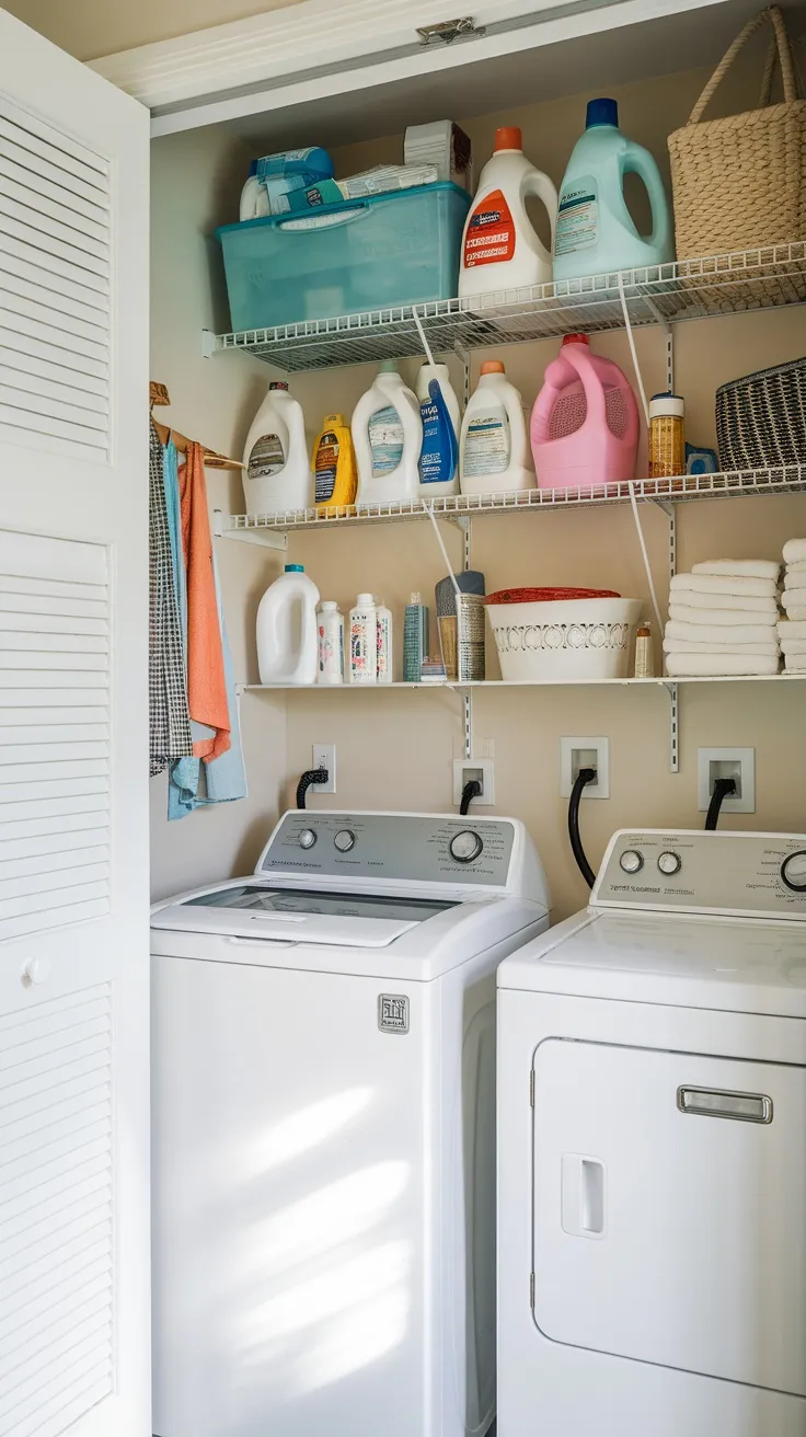 Organized laundry room with shelves holding detergents, dryer sheets, and storage baskets.