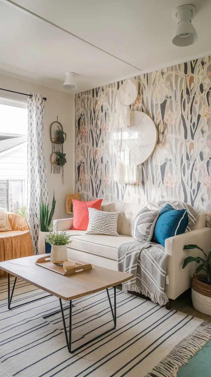 Cozy living room featuring peel-and-stick wallpaper, a light couch with colorful pillows, and a wooden coffee table.