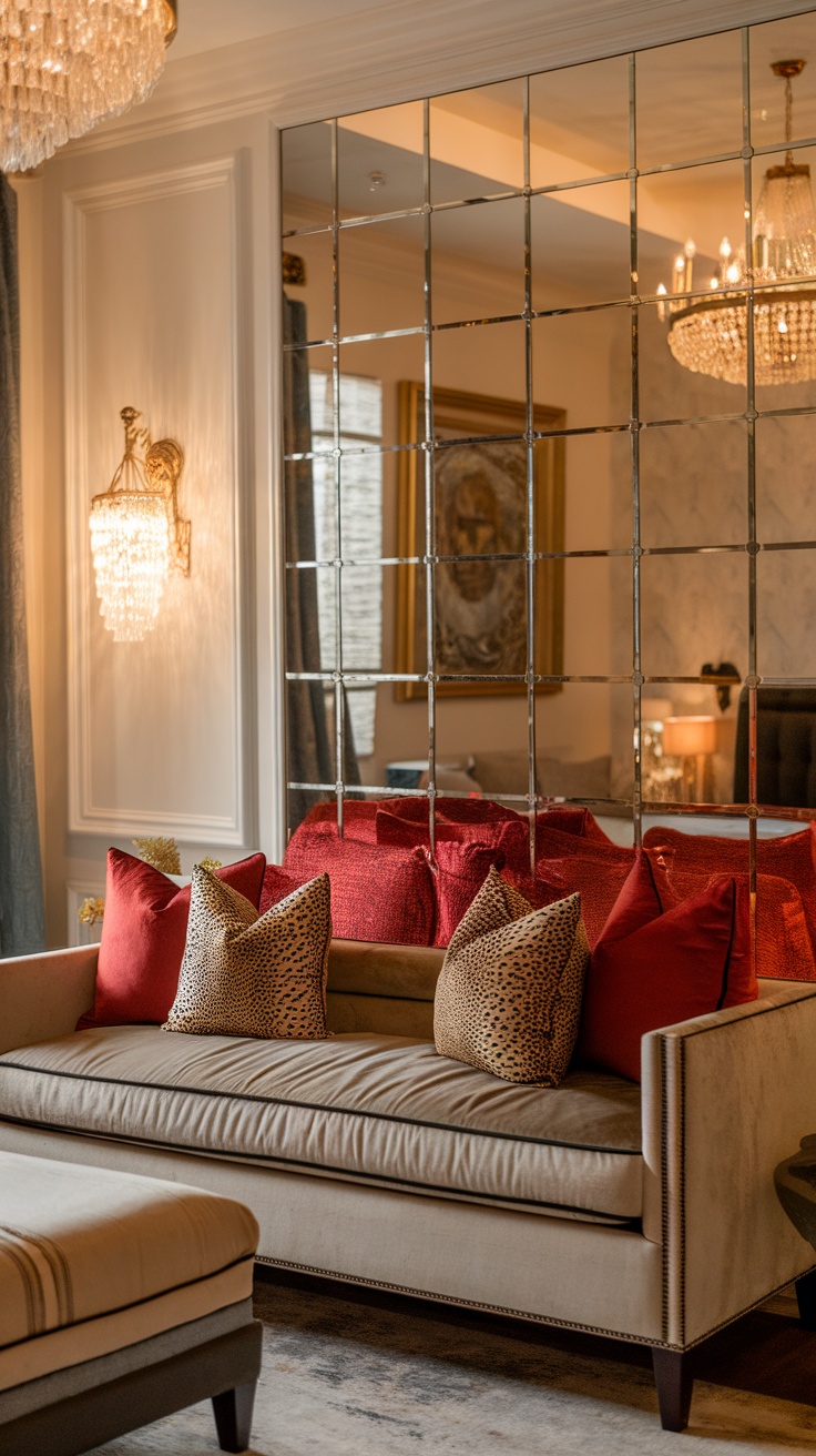 Couch with red and cheetah print throw pillows in a stylish living room