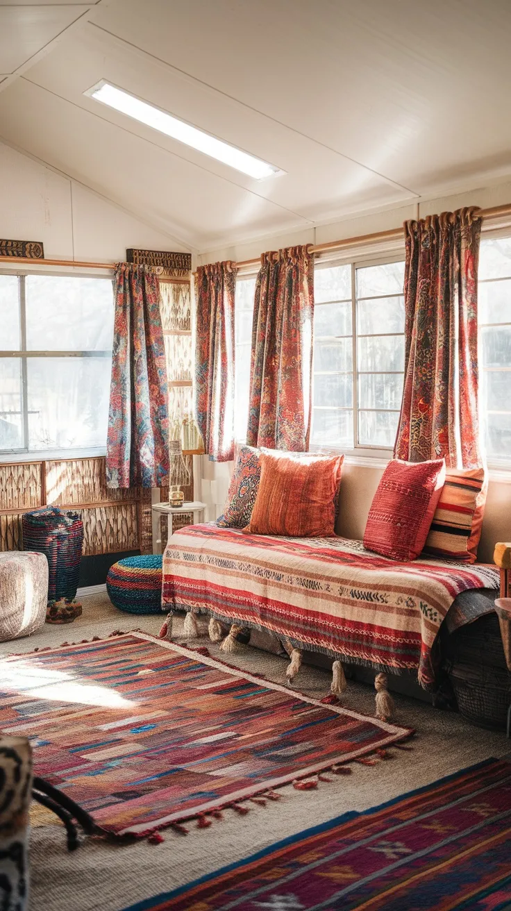 Cozy living area with colorful rugs, cushions, and patterned curtains