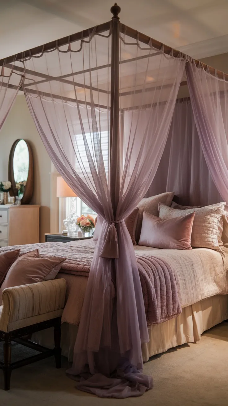 A cozy bedroom featuring sheer purple canopy drapes over the bed, surrounded by soft pillows and a warm quilt.