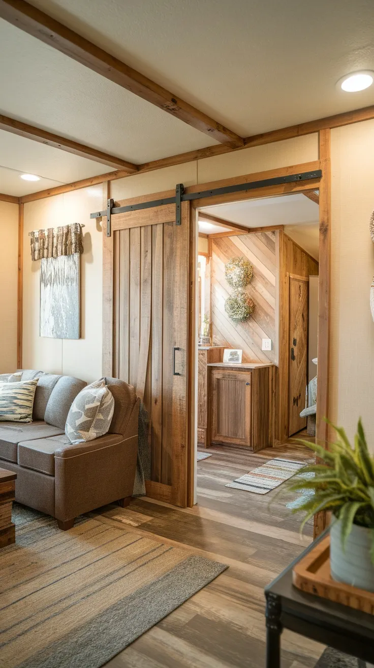 Cozy living room featuring a sliding wooden barn door