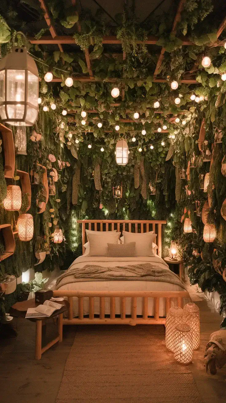 Cozy forest-themed bedroom with soft warm lighting from lanterns and string lights.