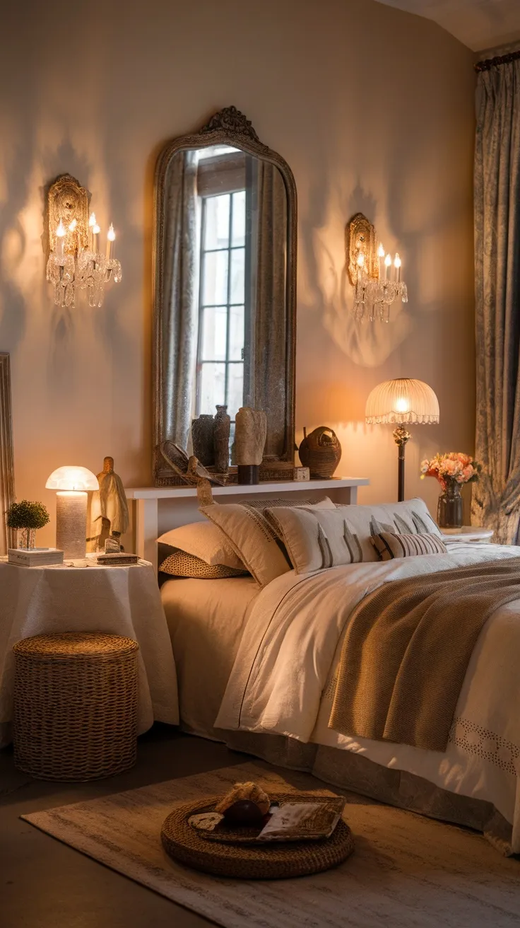 A cozy French bedroom featuring soft warm lighting from wall sconces and a table lamp.