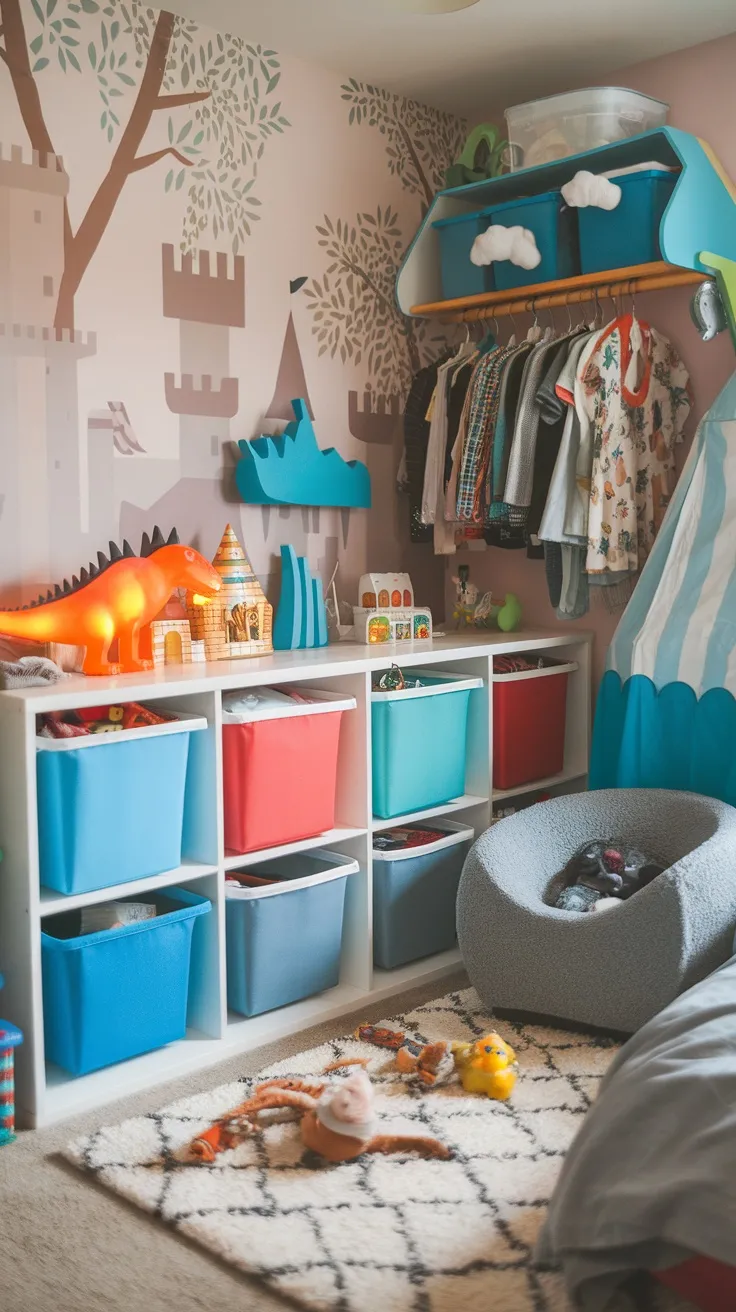 A colorful boy's bedroom with storage bins, shelves, clothes, and toys.