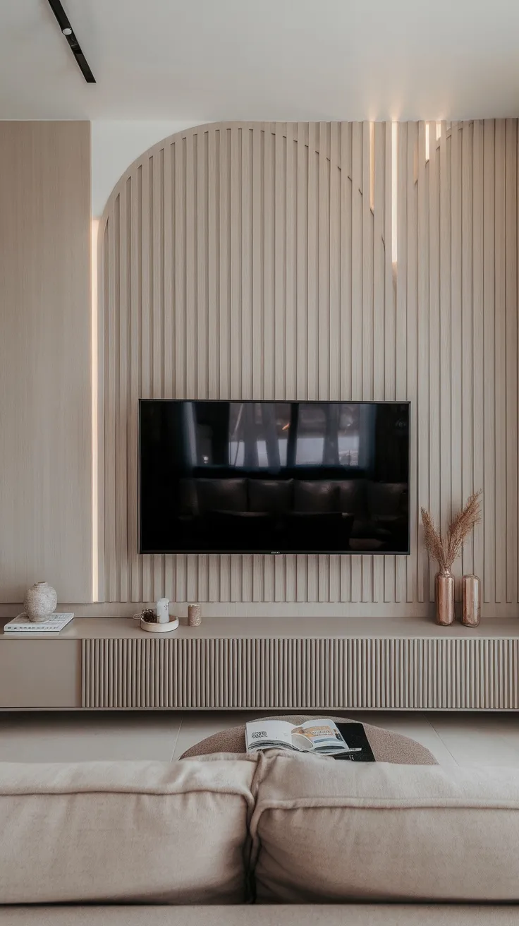 A modern living room featuring vertical slat panels behind a TV, creating a taller feeling in the space.