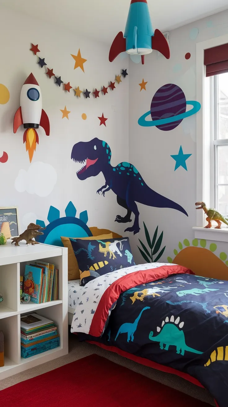 A colorful toddler boy's bedroom featuring dinosaur and space-themed wall decals.