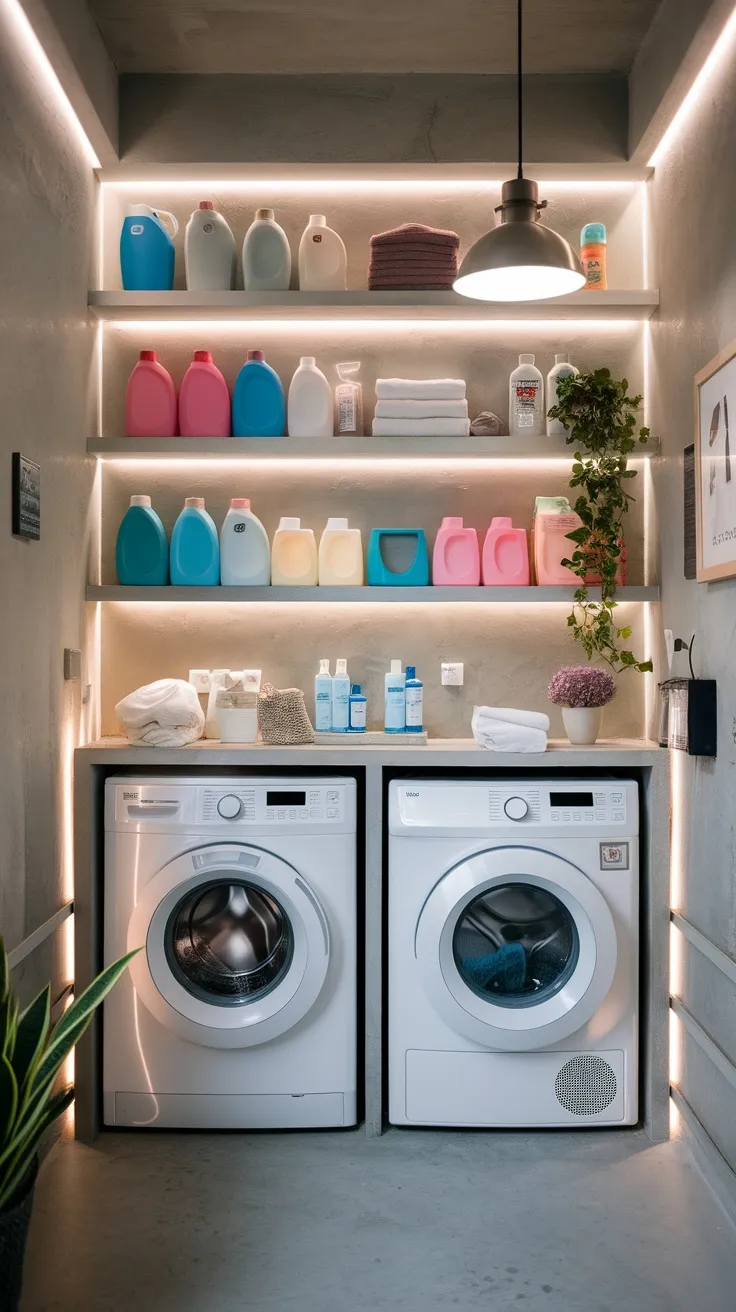 Neatly organized laundry room with wall shelves storing colorful detergents and laundry supplies.
