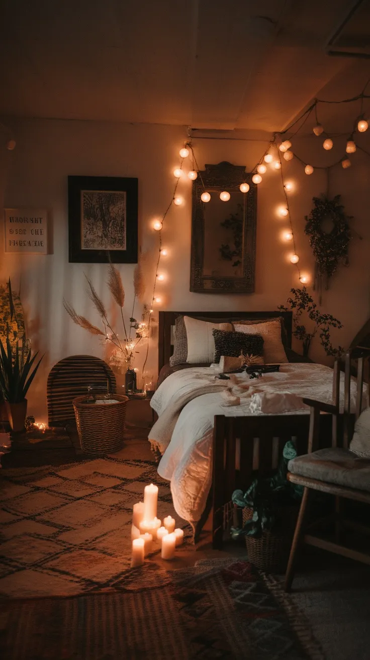 A cozy bedroom with warm lighting from candles and string lights, showcasing a dark cottagecore aesthetic.