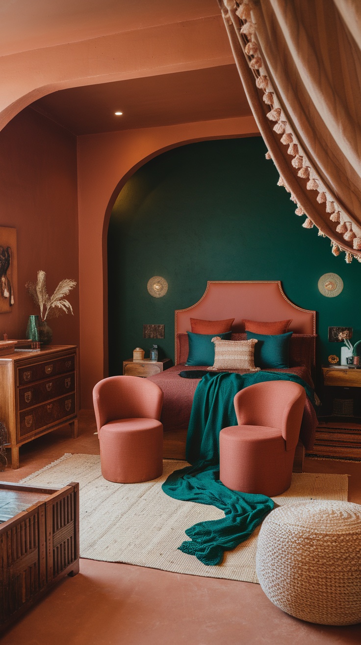 A cozy bedroom with warm earthy tones, featuring reddish chairs, green bedding, and natural textures.