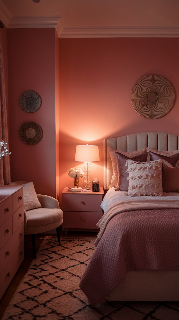 A cozy dusty pink bedroom with warm lighting highlighting the decor