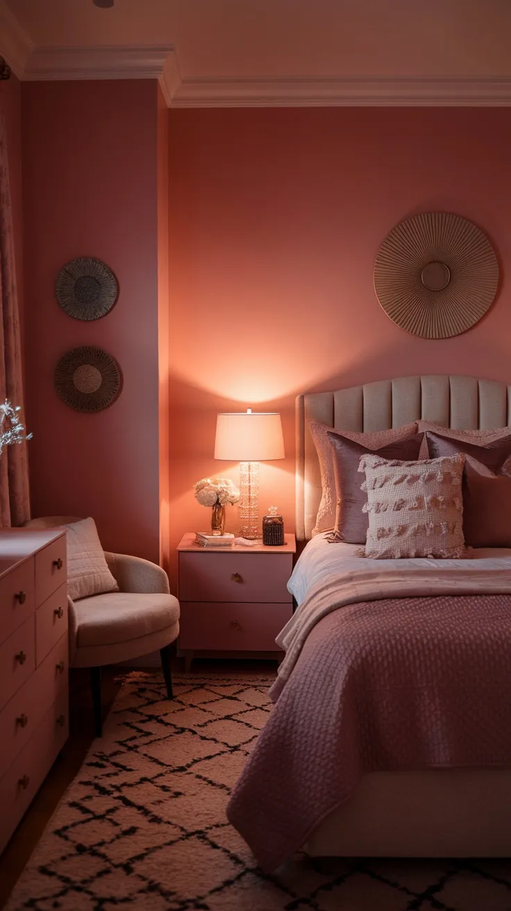 A cozy dusty pink bedroom with warm lighting highlighting the decor