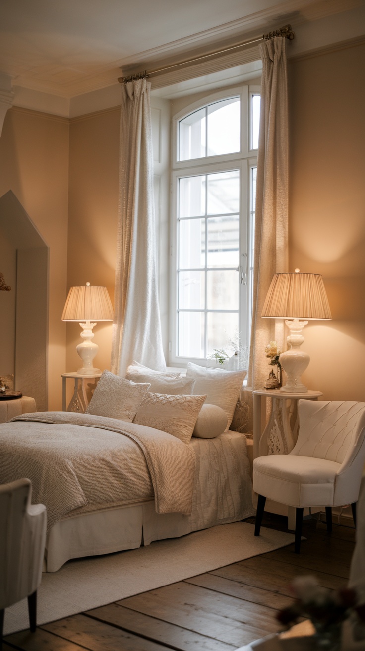 A cozy cream and white bedroom featuring white lamps with cream shades beside a neatly made bed.