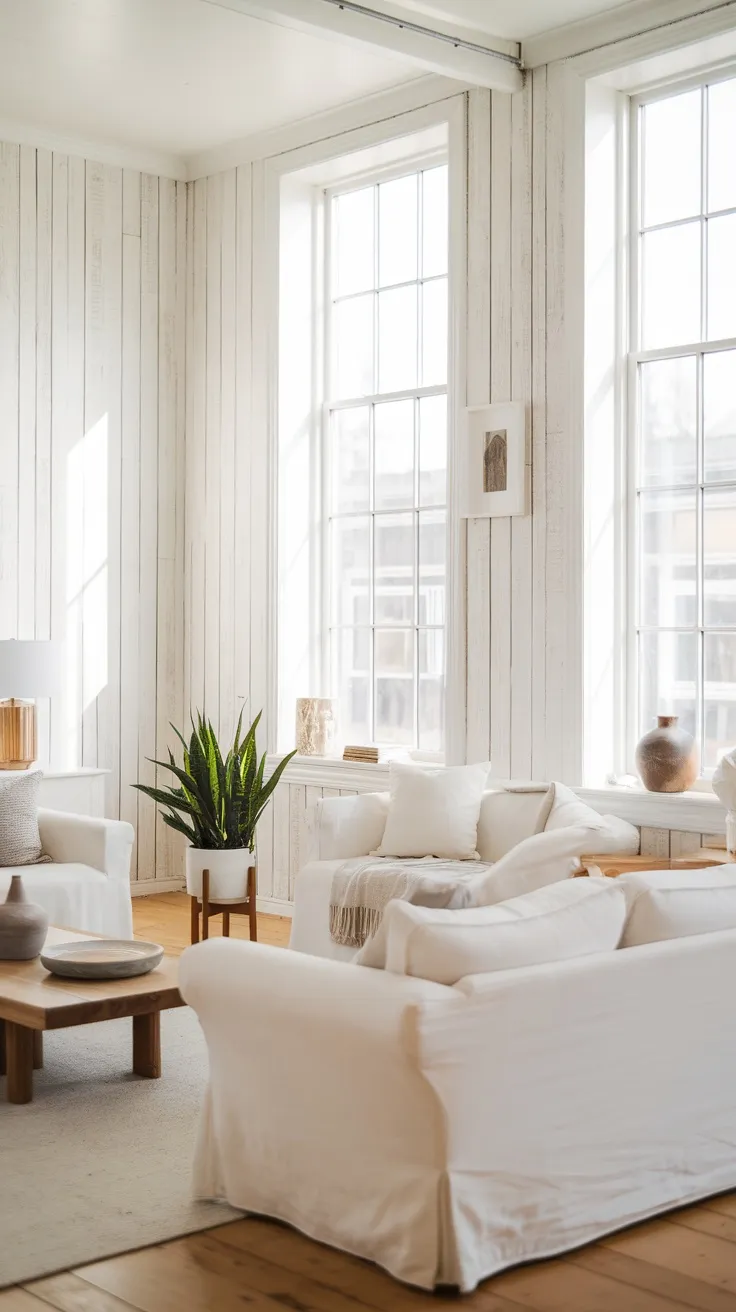 Living room with whitewashed wood panels and bright windows
