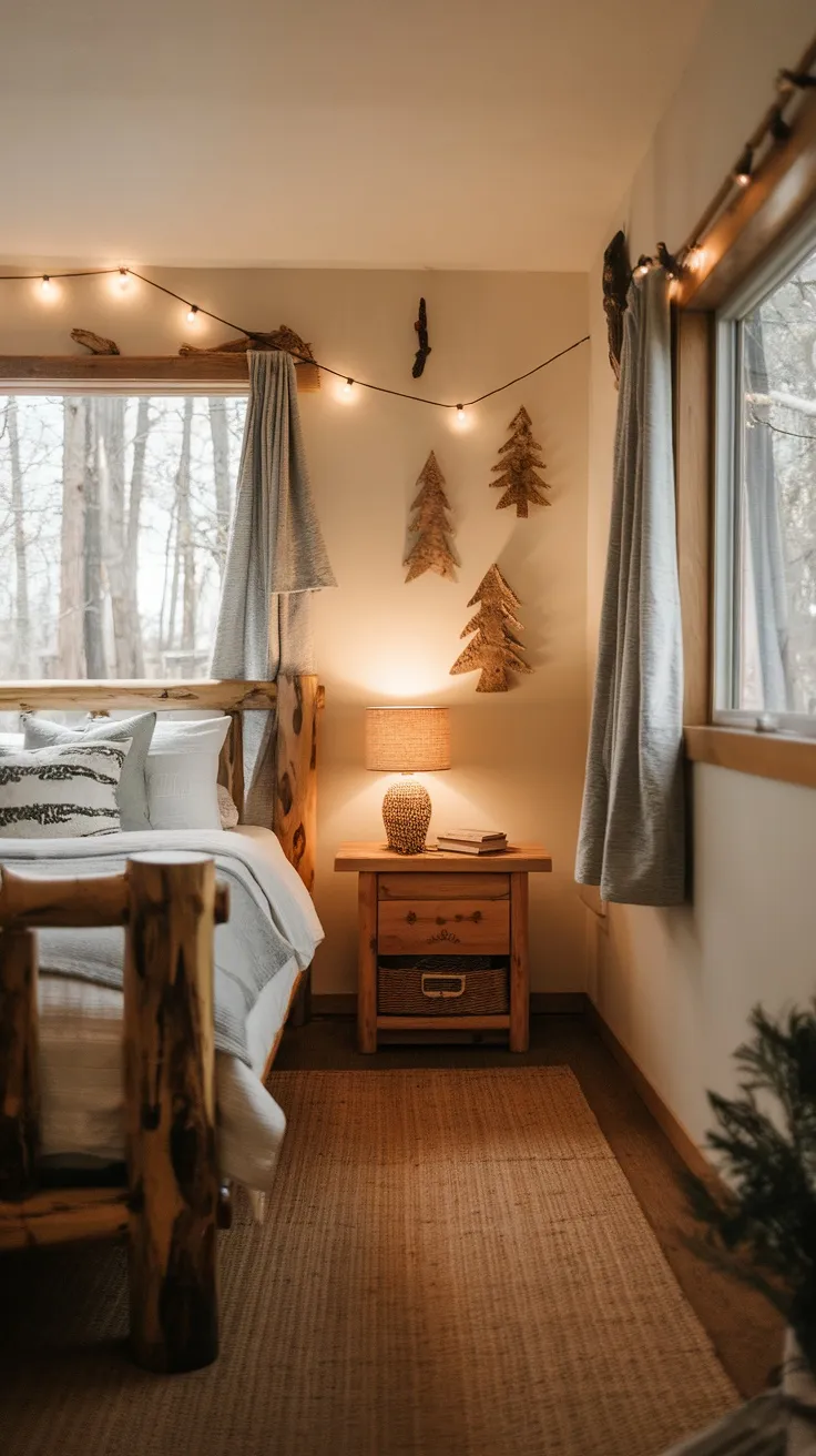 Cozy bedroom with wood furniture and forest-themed decor