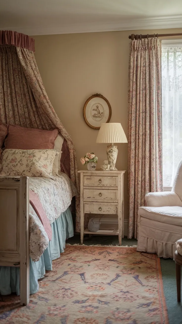 Cozy English cottage bedroom with a distressed wooden bedside table, floral bedding, and soft lighting.