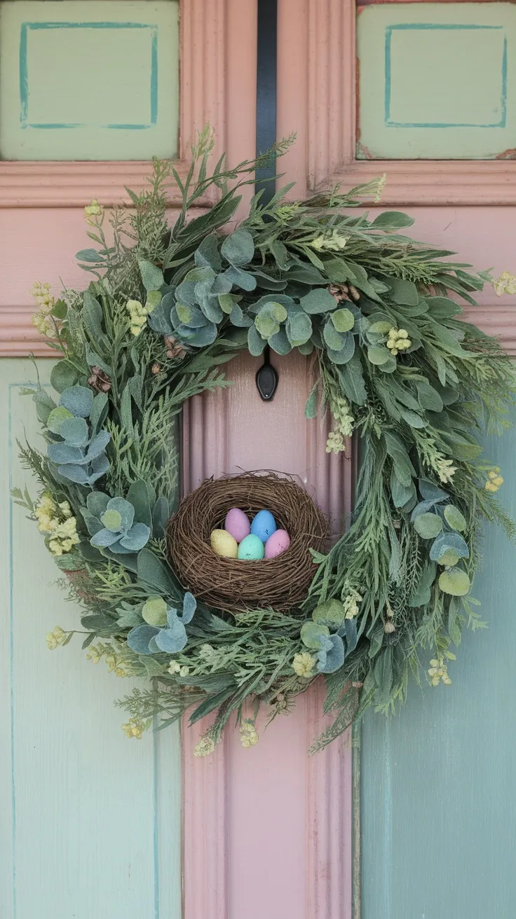 A greenery wreath with a bird nest and pastel mini eggs, hung on a pink door.